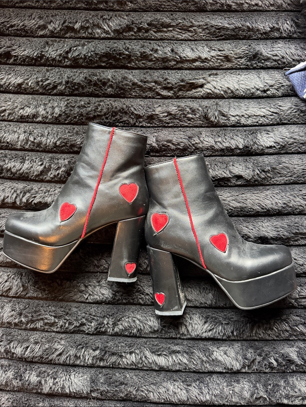 Black Platform Ankle Boots with Red Heart Accents